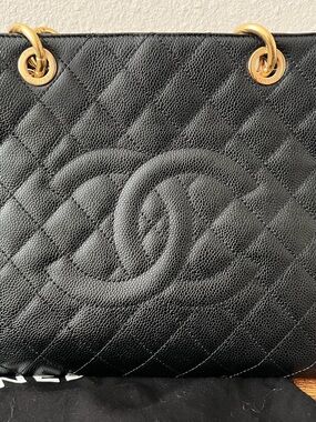 CHANEL Black Quilted Caviar Leather Tote with Gold Hardware